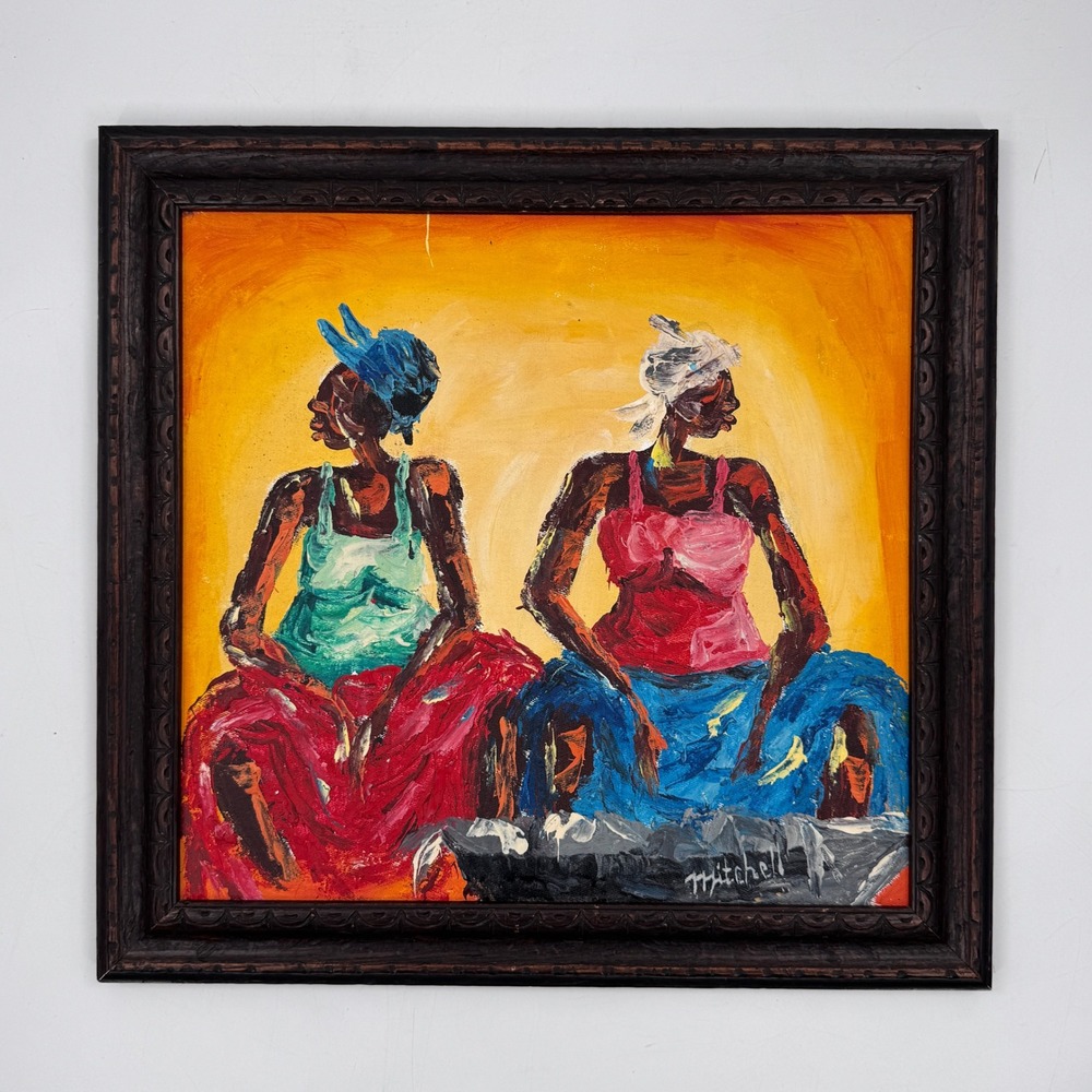 Vintage Modern Expressionist Figural Painting of Two Women in Carved Frame